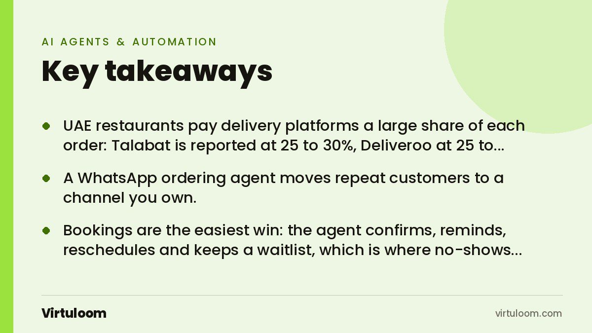 Three key takeaways from the Virtuloom guide: AI Agents for Restaurants in the UAE: Bookings, WhatsApp Orders and Fewer Commissions