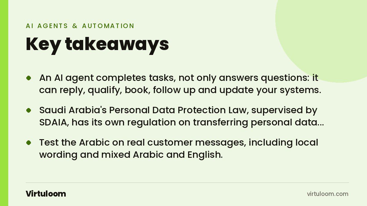 Three key takeaways from the Virtuloom guide: AI Agents in Saudi Arabia: What Businesses Can Automate and What to Check First