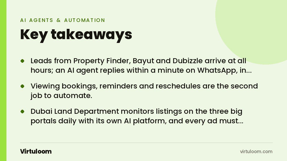 Three key takeaways from the Virtuloom guide: AI for Real Estate Agencies in Dubai: What to Automate First (2026)