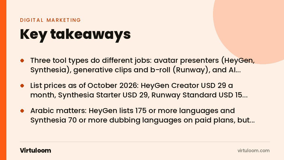 Three key takeaways from the Virtuloom guide: AI Video Creation for UAE Businesses in 2026: Tools, Prices and When to Shoot for Real