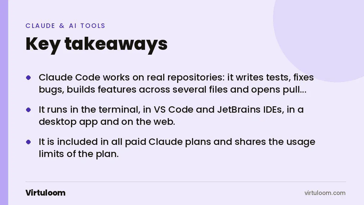 Three key takeaways from the Virtuloom guide: Claude Code for Business: What It Does, What It Costs and Who Should Use It