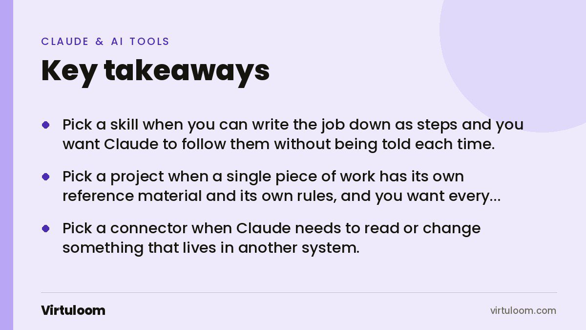 Three key takeaways from the Virtuloom guide: Claude Skills vs Projects vs Connectors: Which One You Actually Need