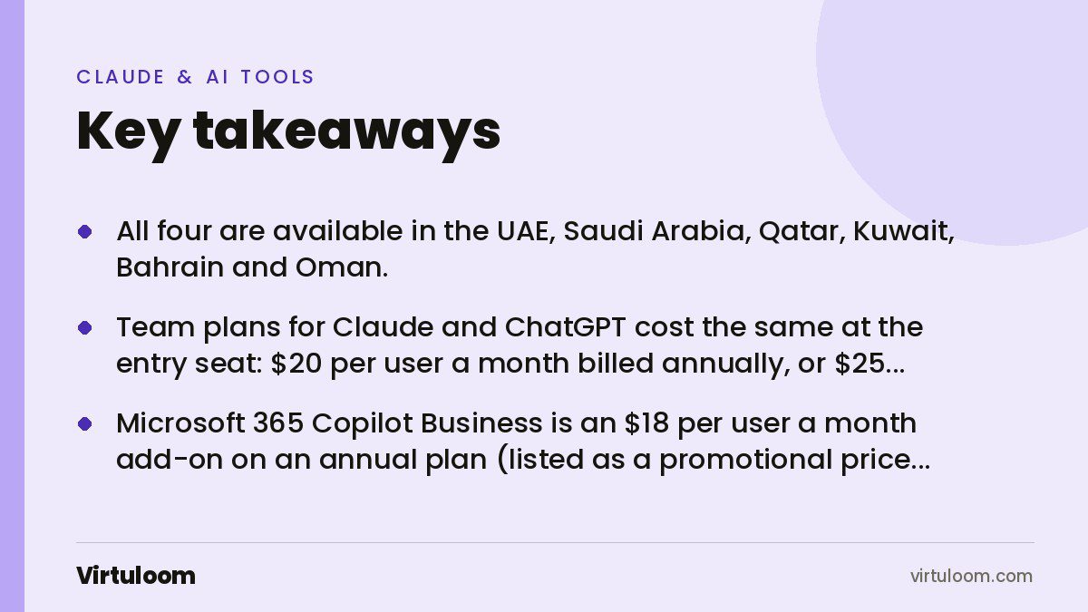 Three key takeaways from the Virtuloom guide: Claude vs ChatGPT vs Gemini vs Copilot for Business in the Gulf: How to Choose