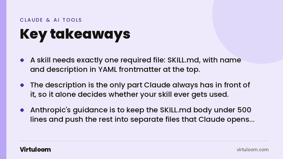 Three key takeaways from the Virtuloom guide: How to Write a Claude Skill: Structure, Rules and a Worked Example