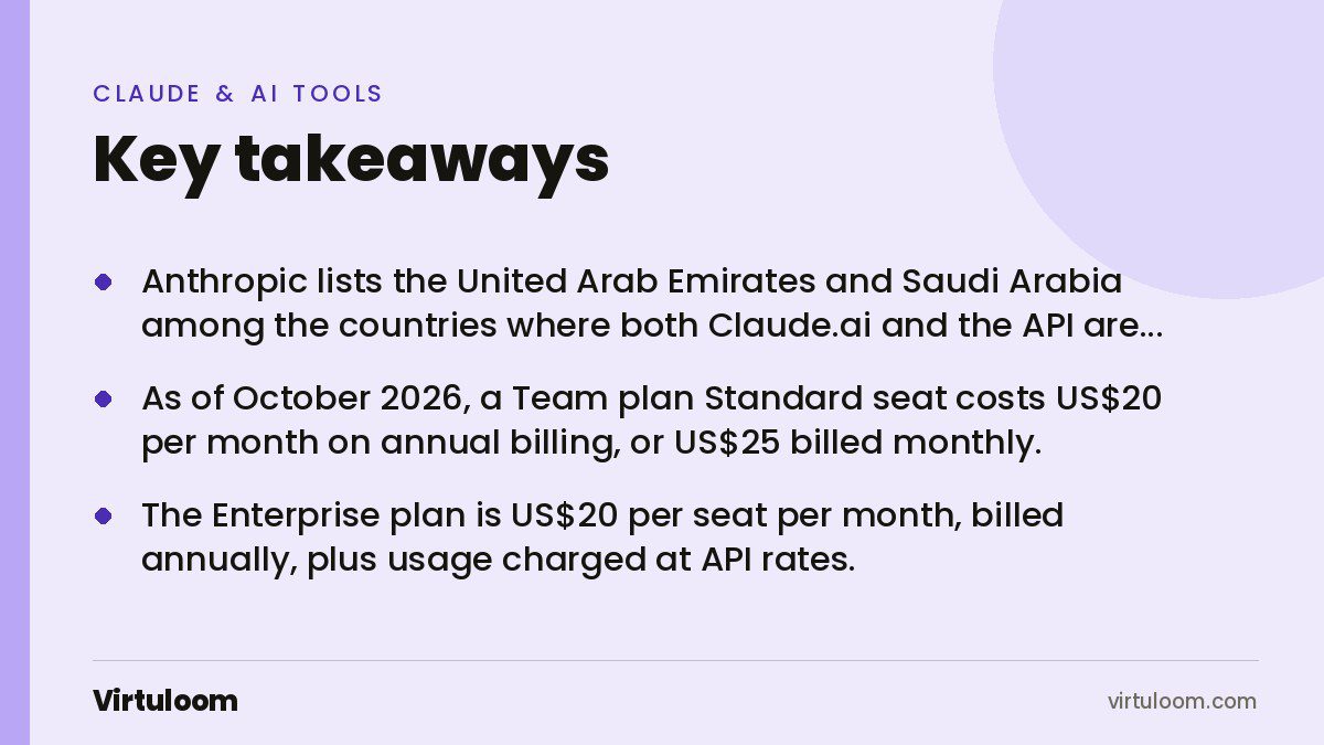 Three key takeaways from the Virtuloom guide: Claude AI in the UAE and Saudi Arabia: Availability, Plans, Prices and Company Setup
