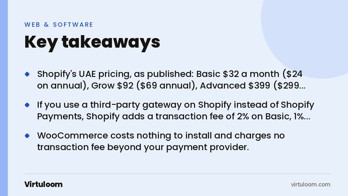 Three key takeaways from the Virtuloom guide: Shopify vs WooCommerce vs Custom: Picking an E-commerce Platform for the UAE and GCC